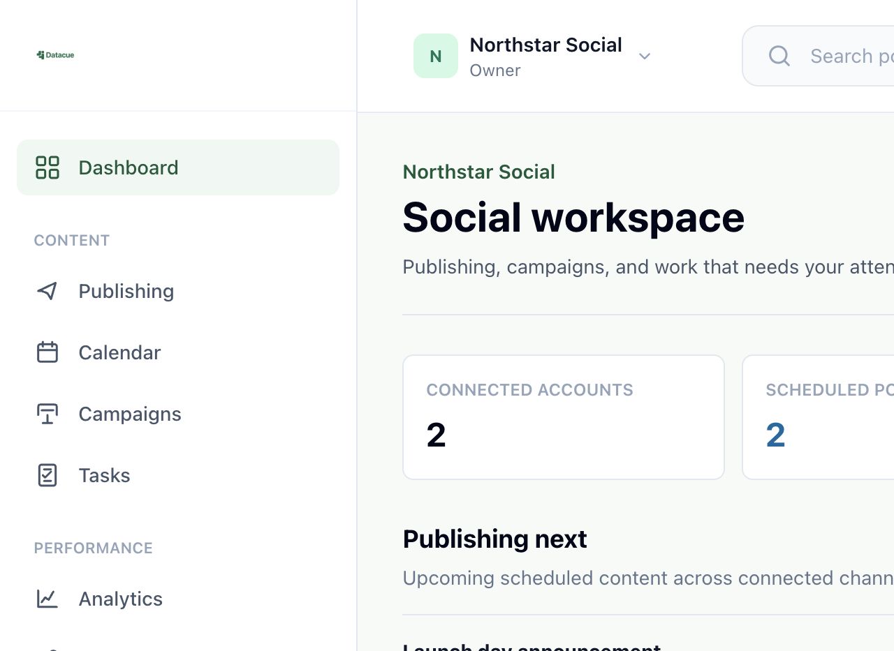 DataCue social media workspace showing scheduled posts, campaigns, and tasks