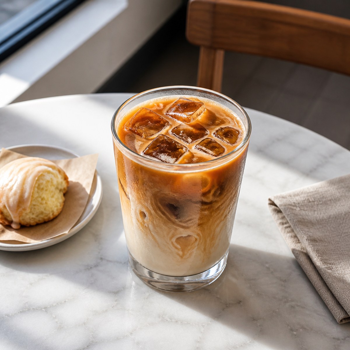 Iced coffees and a lemon tart on a cafe table